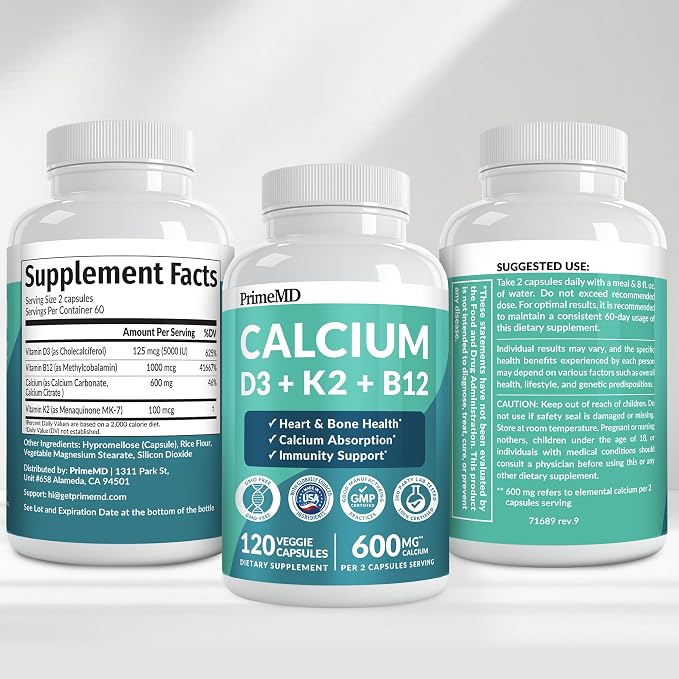 4-in-1 Calcium Supplements for Women and Men - Calcium with Vitamin D3 K2 5000 IU Supplement, 601mg per Serving for Heart, Bones & Body Defenses - Gluten-Free, Vegan-Friendly (240 ct)