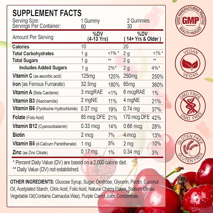 ZHPHK Iron Gummies Supplement for Women, Men & Kids, Iron 65mg with 250mg Vitamin C B6 B12 Folate Healthy Blood, Energy & Immune Support Gentle on Stomach Ferrous Fumarate, 120 Count
