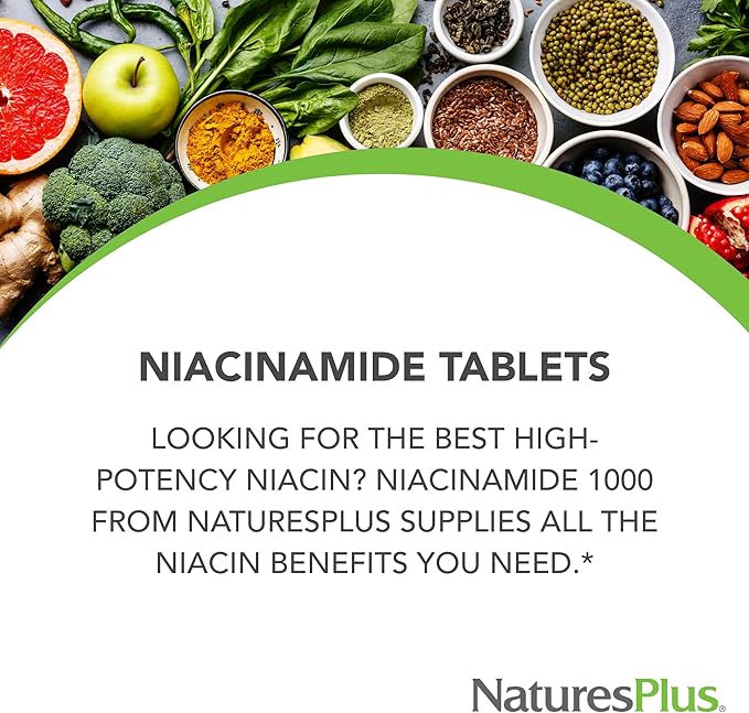 NaturesPlus Niacinamide, Sustained Release - 1000 mg, 90 Tablets - High-Potency Vitamin B3 Supplement - Vegetarian, Gluten Free - 90 Servings