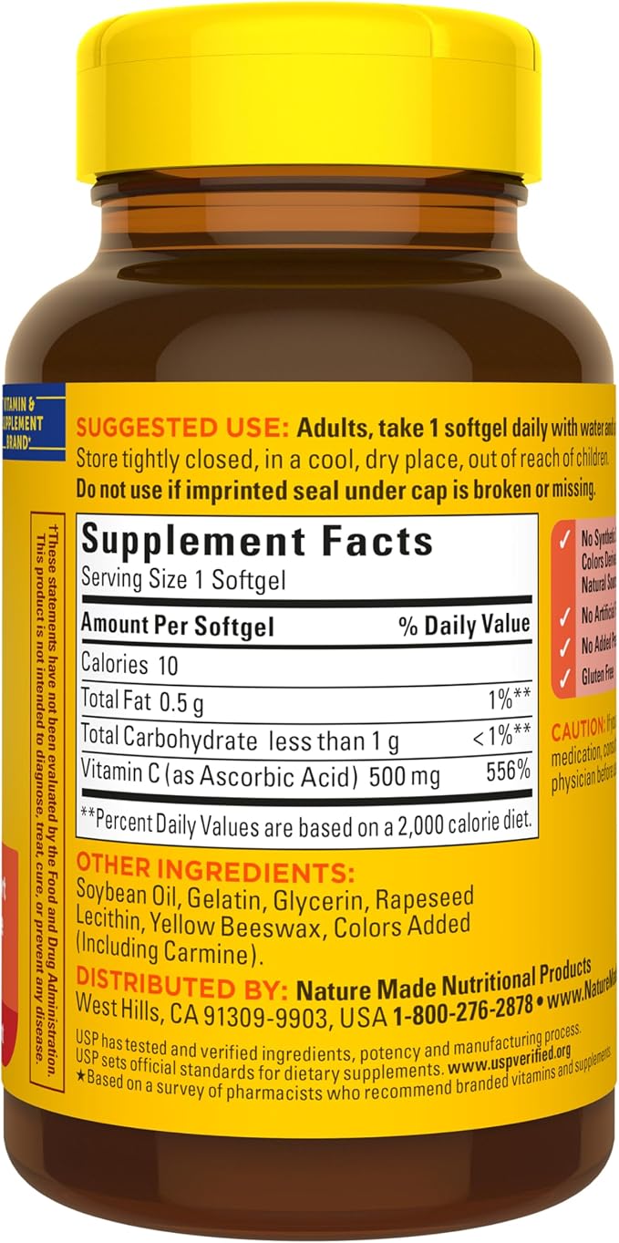 Nature Made Vitamin C 500 mg, Dietary Vitamin C Supplement for Immune Support, 60 Softgels, 60 Day Supply