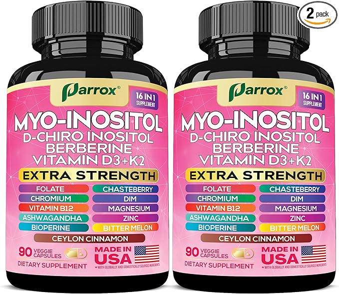 Myo-Inositol Supplement with D-Chiro Inositol, DIM, Berberine, Vitamin D3 + K2, Methylated B12, Chromium, Ceylon Cinnamon, Zinc, Ashwagandha, Chasteberry, Magnesium, Bioperine, Bitter Melon (2 Pack)