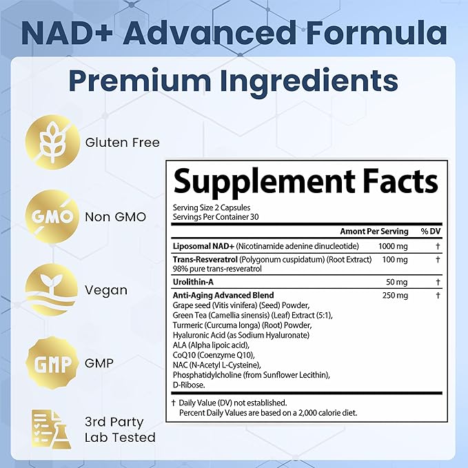 NAD Resveratrol Supplement for Women & Men. Support Cellular Health, Energy + Healthy Aging. High Potency Blend, Plus Third-Party Lab Tested in USA (60 Capsules)