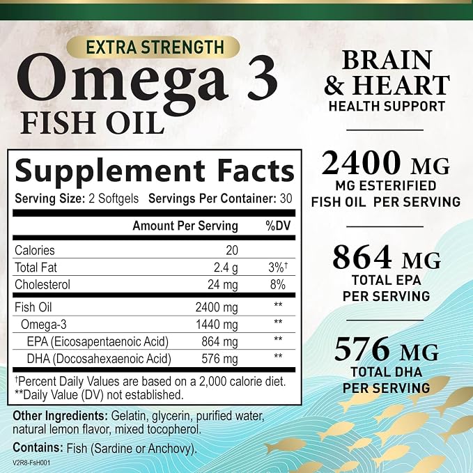 Omega 3 Fish Oil Supplements - 2400mg Fish Oil Per Serving - Triple Strength Omega-3 with EPA & DHA Fatty Acids - Natural Heart, Brain & Immune Support - Wild Caught, Bottled in USA - 60 Softgels
