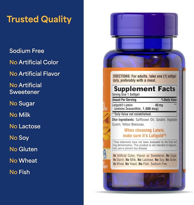 Puritan's Pride Premium Lutigold™ Lutein Carotenoid 40 mg with Zeaxanthin for Men and Women, Dietary Supplement for Eye Health Support, 2 Month Supply, 60 Easy-to-Swallow Softgels