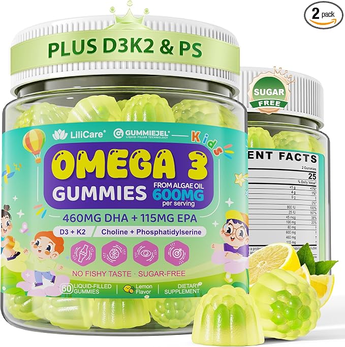 Kids Omega-3 Gummies for 4+, Algae Oil DHA & EPA with Vitamin D3 K2, Choline & PS, Vegan Fish Oil Supplements for Brain, Bone, Cognitive & Immune Health, No Fish Taste, SugarFree, Lemon Flavor, 120Cts