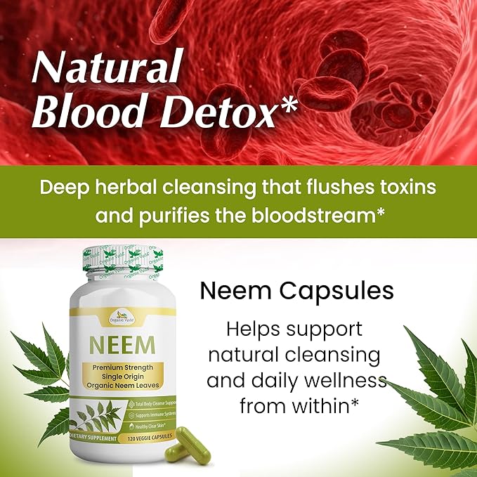 Organic Veda Neem Capsules – Herbal Supplement for Clear Skin, Immune & Gut Health For Men & Women - Single Origin True Green Neem Leaf Powder - Purifying & Cleansing Ayurveda Herb, 120 Vegan Capsules