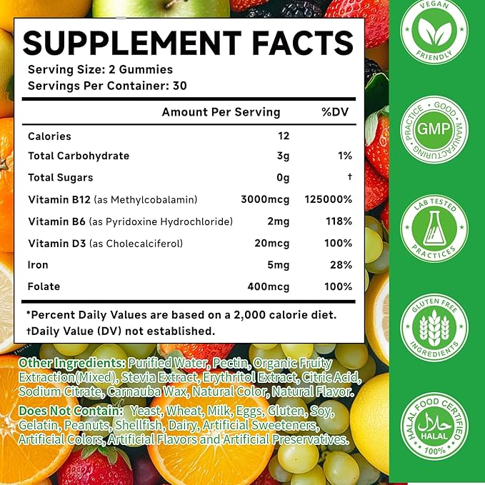 2 Pack Methyl B-12 3000mcg Gummies for Kids & Adults, Vitamin B12 (Methylcobalamin) with Vitamin B6, Folate & D3, Supports Energy, Metabolism & Immune Wellness, 120 Count
