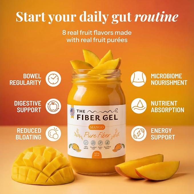 The Fiber Gel High Dietary Fiber Prebiotic Gel Formula — 100% Natural & Clean Label — Plant-Based Psyllium Husk & Inulin Complex — Keto Friendly, Vegan, No Added Sugar — Mango, 32 oz