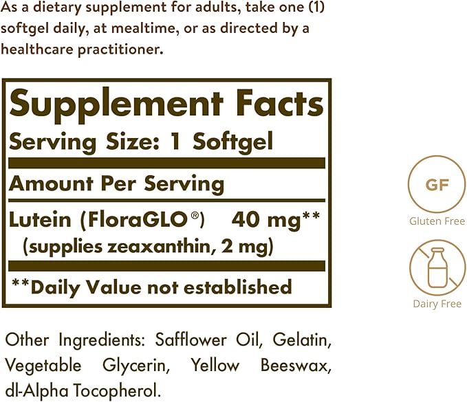 Solgar Lutein 40 mg, 30 Softgels - Supports Eye Health - Helps Filter Out Blue-Light - Contains FloraGLO Lutein - Gluten-Free, Dairy Free - 30 Servings