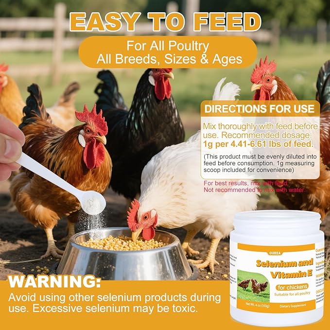 Selenium and Vitamin E Powder for Chickens, Selenium for Chickens, Immune System, Muscle Support & Prevents, Improve Wry Neck, Selenium, Vitamin E Supplements, Suitable for All Poultry, Chicken & More