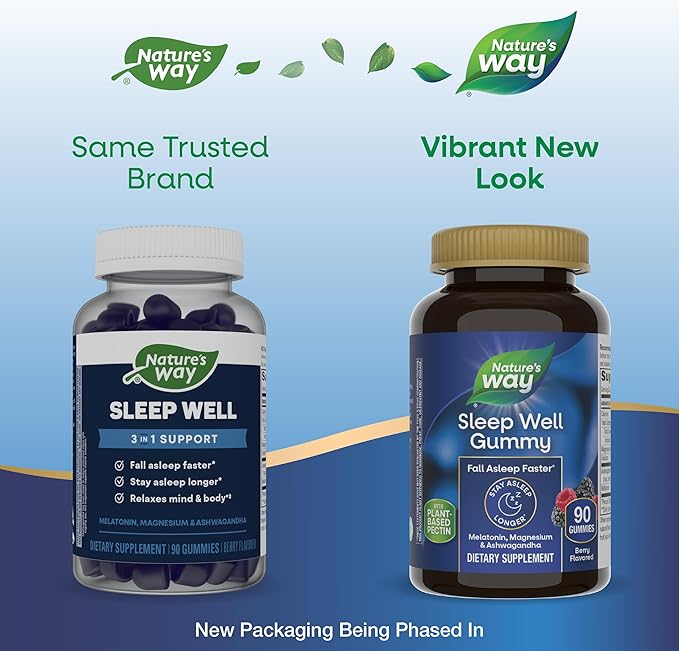 Nature's Way Sleep Well Melatonin and Magnesium Gummies,Sleep Support for Adults*,with Ashwagandha,Berry Flavored,90 Gummies,(Pack of 2)