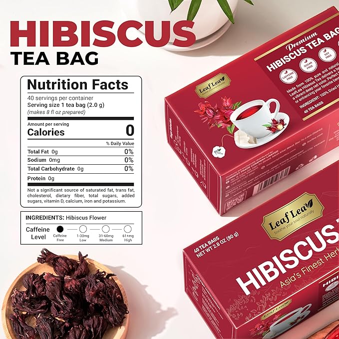 LeafLea 40 Premium Natural Hibiscus Tea Bags, 100% Pure from Hibiscus Flowers, Caffeine-Free Herbal Tea, Hibiscus Flower Tea Rich in Natural Goodness and Flavor, No Sugar, Gluten-Free, Vegan