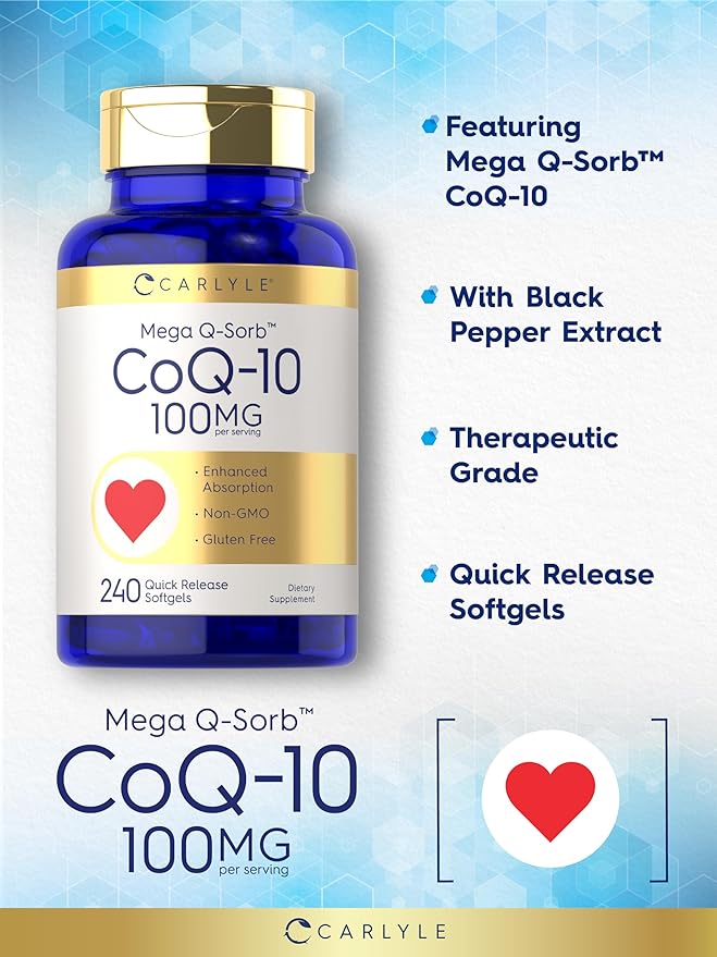 Carlyle CoQ10 100mg Softgels | 240 Count | Mega Q-Sorb Coenzyme Q-10 | with Black Pepper Extract | Non-GMO and Gluten Free Supplement