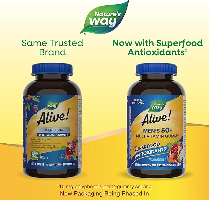Nature's Way Alive! Men’s 50+ Daily Gummy Multivitamins, Supports Healthy Brain, Eyes, Heart*, B-Vitamins, Gluten-Free, Fruit Flavored, 150 Gummies (Packaging May Vary), (Pack of 2)