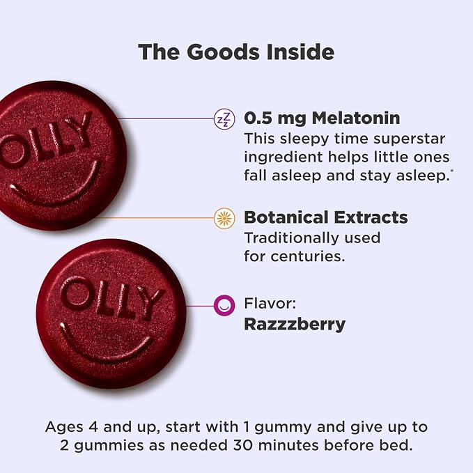 OLLY Kids Sleep Gummy, Occasional Sleep Support, 0.5mg Melatonin, L Theanine, Chamomile, and Lemon Balm Extracts, Childrens Chewable Supplement, Raspberry Flavor - 90 Count