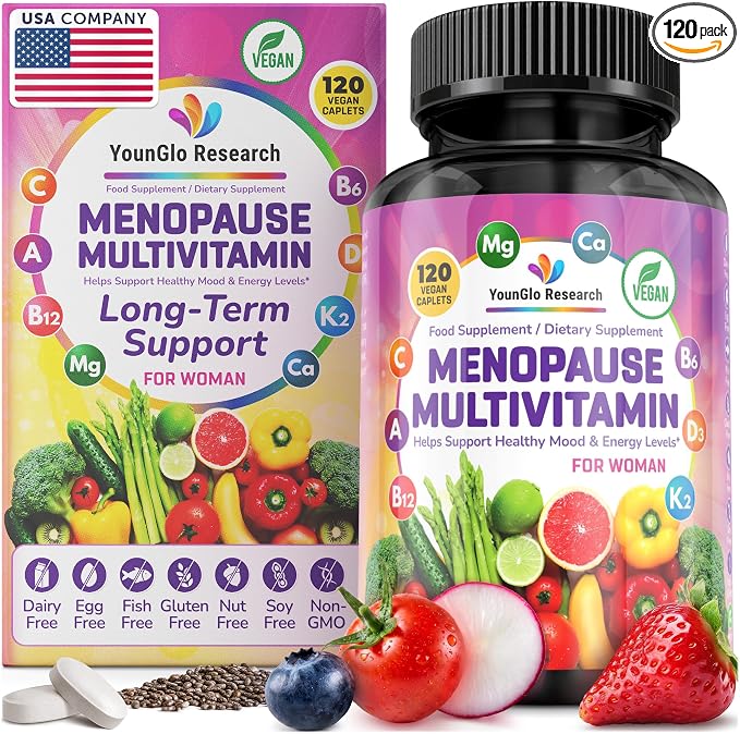 Menopause Supplement - 120 Vegan Caplets - Menopause & Perimenopause Relief Support - Food and Dietary Vitamins - Multivitamin for Women
