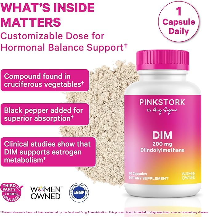 Pink Stork DIM Supplement for Women - Estrogen and Hormone Balance for Menopause, Perimenopause & PMS - DIM 200 mg Plus BioPerine for Mood Support - 60 Day Supply