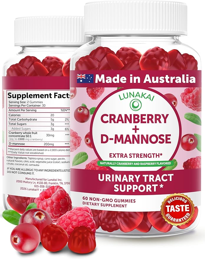 Lunakai Cranberry Gummies for Women 1500mg (50:1 Extract) with D-Mannose 200mg - Daily Cranberry Supplement for Urinary Tract Health & Bladder Support, Non-GMO – Made in Australia – 60ct