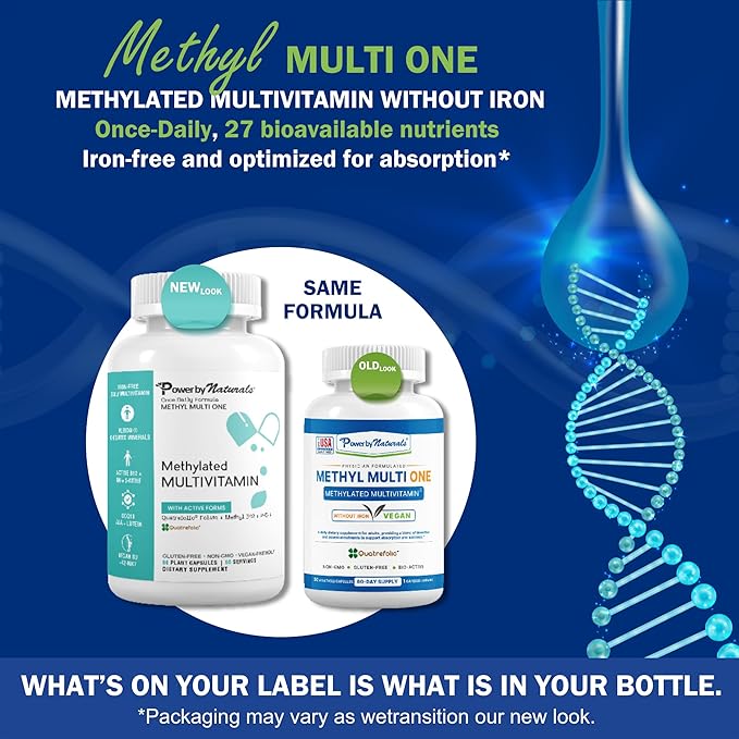Power By Naturals Methyl Multi One – Iron-Free Methylated Multivitamin with 5-MTHF, Methyl B12 & CoQ10 – Methylation Support for Men & Women – Vegan, Non-GMO – 60 Capsules (2-Month Supply)