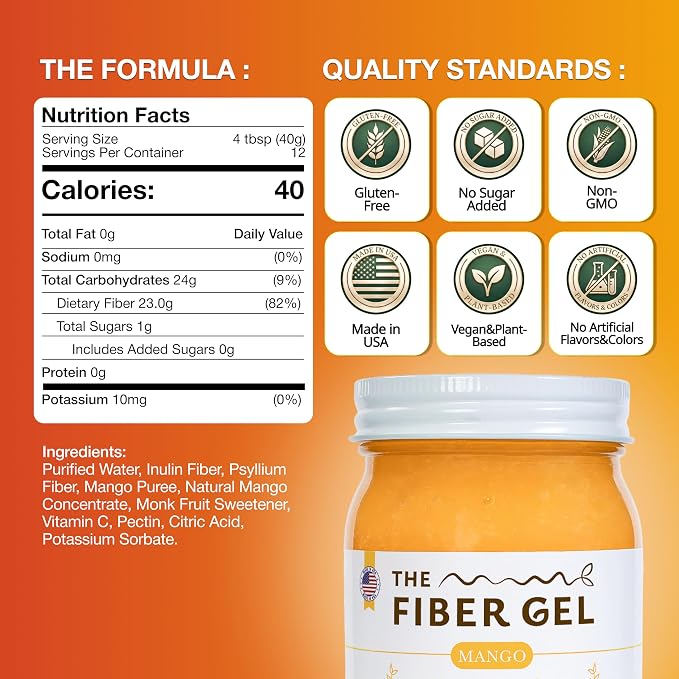 The Fiber Gel High Dietary Fiber Prebiotic Gel Formula — 100% Natural & Clean Label — Plant-Based Psyllium Husk & Inulin Complex — Keto Friendly, Vegan, No Added Sugar — Mango, 32 oz