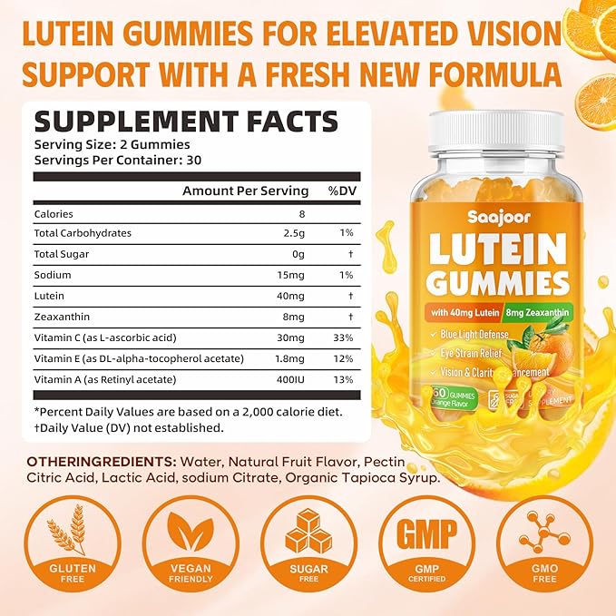 Lutein & Zeaxanthin Gummies - Eye Vitamin Supplement with 40mg Lutein & 8mg Zeaxanthin to Support Macular, Vision & Overall Eye Health, Naturally Orange Flavor, 60 Count