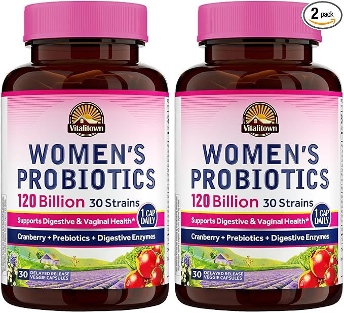 Vitalitown Probiotics for Women 120 Billion CFUs, 30 Strains, with Prebiotics & Digestive Enzymes & Cranberry, Gut & Vaginal Health, Vegan 60 (Pack of 2) Delayed Release Caps