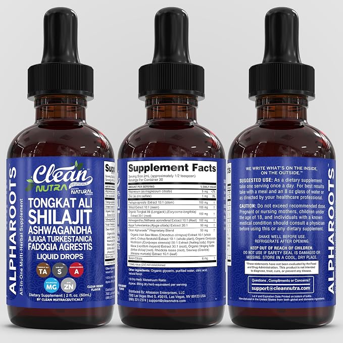 Tongkat Ali Liquid Drops Shilajit, Ashwagandha, Turkesterone, Fadogia Agrestis, Magnesium, Irish Sea Moss, and Zinc Herbal Supplement by Clean Nutra