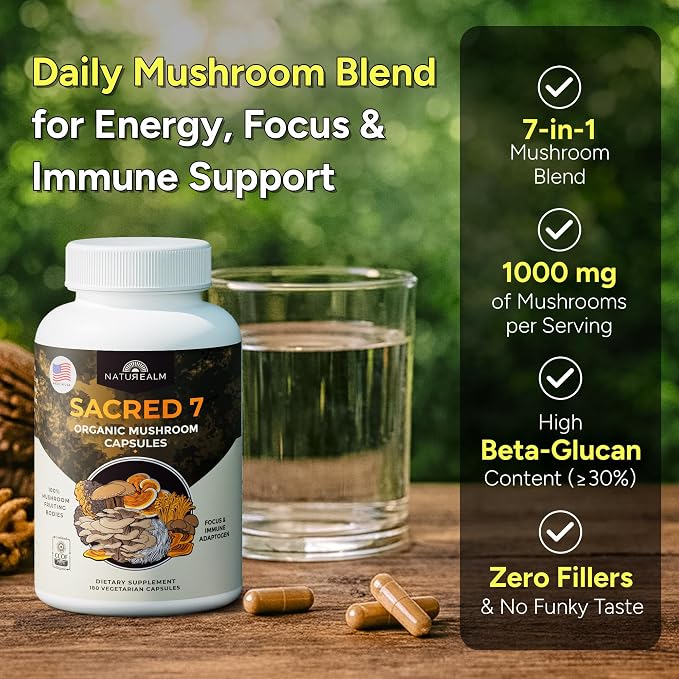 Naturealm Sacred 7 Mushroom 7-in-1 Blend Capsules Supplement (60 Day Supply) | Supports Daily Immune Defense & Focus | Lions Mane, Reishi, Chaga & More | Organic, Premium 100% Fruiting Body Extract
