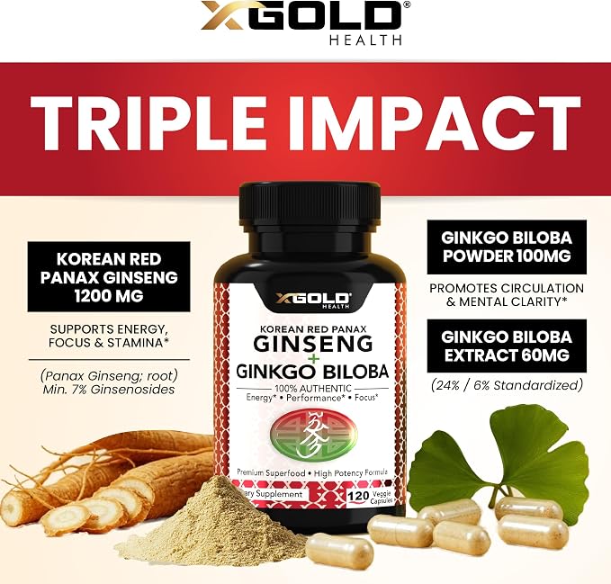 X Gold Health Korean Red Panax Ginseng + Ginkgo Biloba 7% Ginsenosides Extra Strength Energy, Memory, Focus & Brain Support Premium Supplement for Men & Women Non-GMO, 120 Vegan Capsules