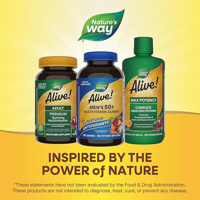 Nature's Way Alive! Men’s 50+ Daily Gummy Multivitamins, Supports Healthy Brain, Eyes, Heart*, B-Vitamins, Gluten-Free, Fruit Flavored, 150 Gummies (Packaging May Vary), (Pack of 2)