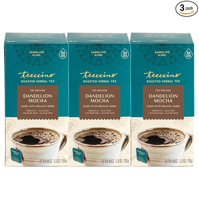 Teeccino Dandelion Mocha Tea - 25 Tea Bags - Caffeine-Free, Roasted Herbal Tea with Prebiotics, 3x More Herbs than Regular Tea Bags - Gluten-Free, Acid-Free Coffee Alternative, (Pack of 3)