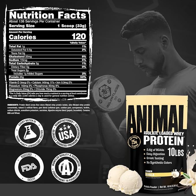 Animal Whey Isolate Protein Powder - Loaded for Pre & Post Workout Muscle Builder and Recovery with Digestive Enzymes for Men & Women - 25g Protein, Great Taste, Low Sugar - Vanilla 10 lbs