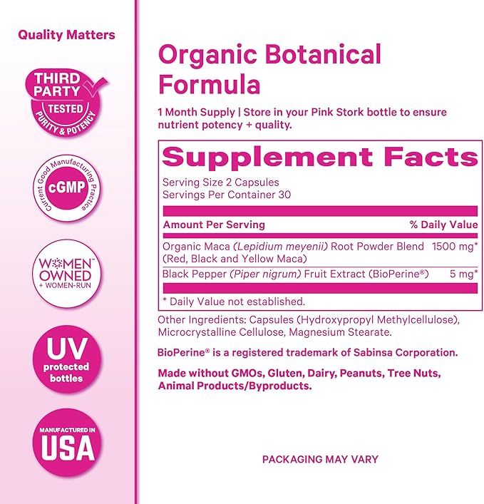 Pink Stork Maca Root Capsules for Women – Organic Maca with BioPerine® for Hormonal Balance, Energy + Wellness – Supports Perimenopause, Menstrual Health, and Vitality