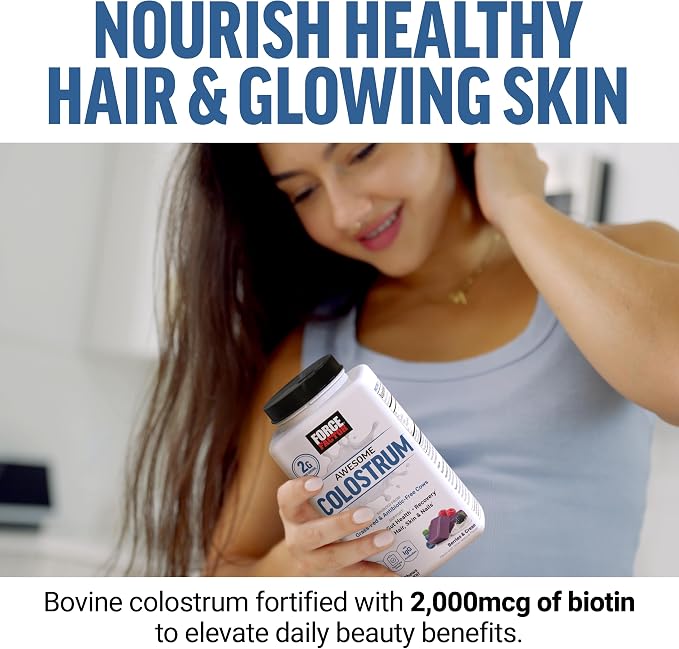 Force Factor Awesome Colostrum Supplement, Berries & Cream, 60 Soft Chews | Bovine Colostrum with Biotin, Grass-Fed, Antibiotic-Free, Supports Gut & Immune Health, Supports Hair, Skin & Nails