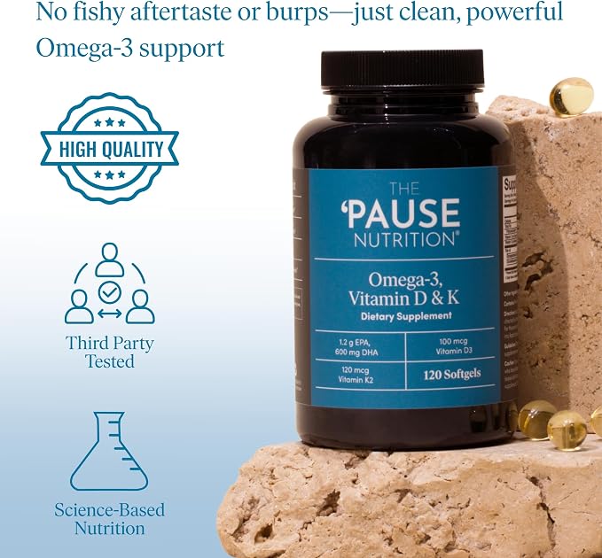 The 'Pause Life Omega 3, Vitamin D & K2, Gluten Free Supplement, Fish Oil and Vitamin Formula, Immune Support, Daily Wellness Routine, Natural Ingredients, Dairy Free, Unflavored, 120 Softgels