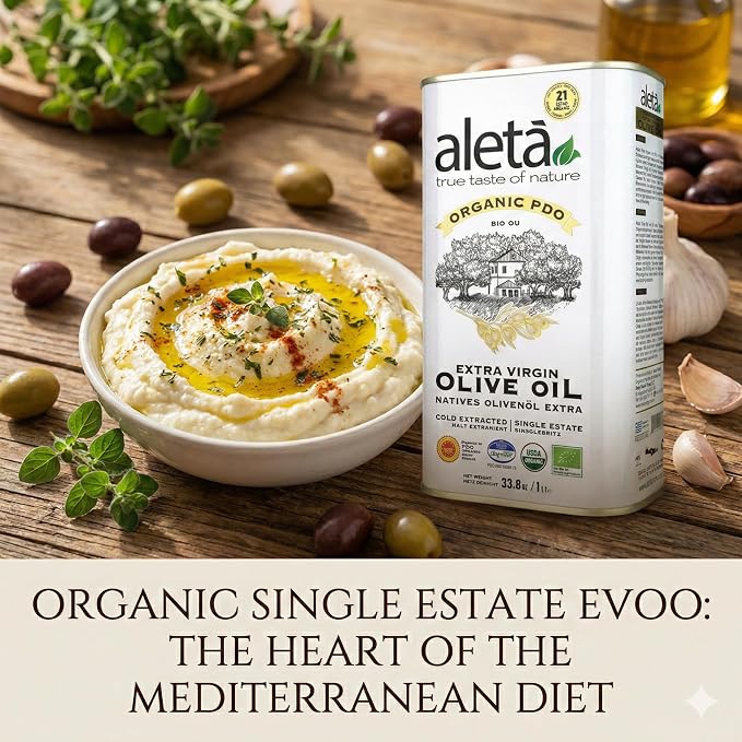 Aleta, Organic & PDO Extra Virgin Olive Oil, 2025 Gold Award, Certified Single Estate, Crete Greece, First-Cold Press, 1 Lt (33.8 oz.) Tin, Pack of 2