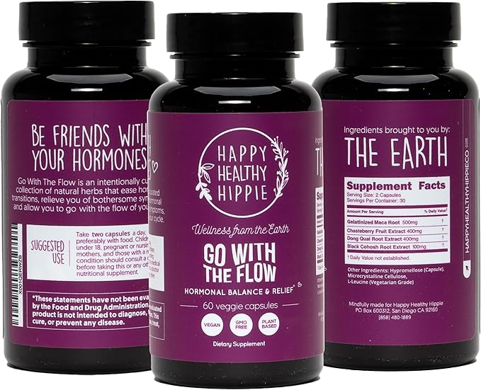 Happy Healthy Hippie Hormone Balance for Women — PMS Support & PMDD, Mood, Cycle Regularity — Chasteberry Supplements with Maca, Dong Quai, Black Cohosh — Vegan, Non-GMO, 60 Capsules