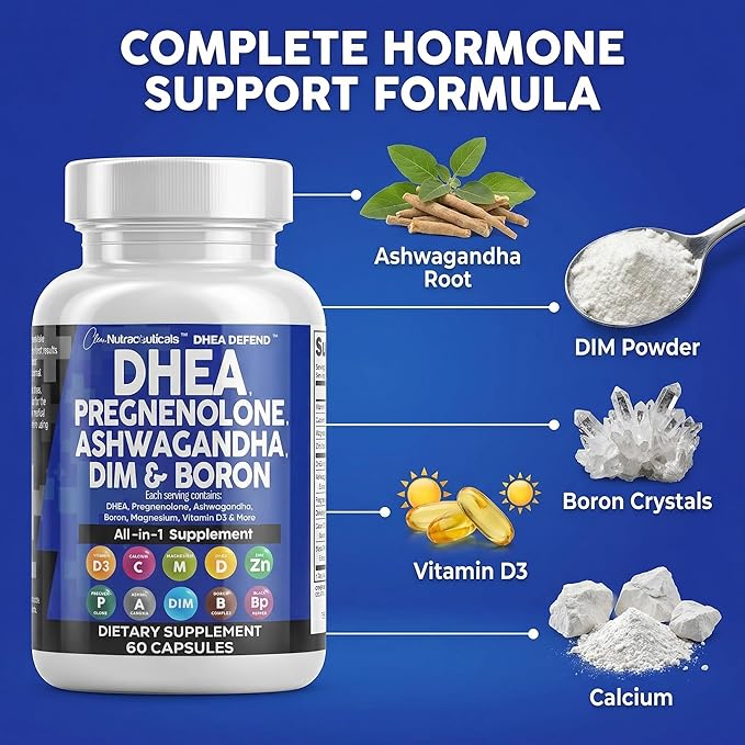 DHEA 200mg Supplement Pregnenolone 100mg for Men & Women with DIM Ashwagandha Boron 6mg Complex Calcium Magnesium Zinc 50mg Vitamin D3 5000 IU Hormone Support Capsules Pills Made in USA 60 Count
