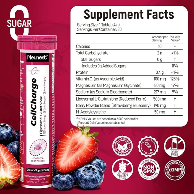 Liposomal Glutathione 500mg with NAC, 2 Pack 30 Count, Sugar Free High Absorption Magnesium&VitaminC Supplement-Effervescent Tablet Antioxidant Detox Healthy Aging&Cognitive Gluten Free, Berry