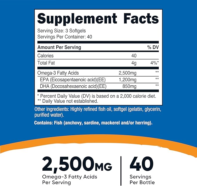 Nutricost Omega 3 Fish Oil - 2500MG, 120 Softgels (40 Serv) - Fish Oil, Wild Caught! 1200mg EPA 850mg DHA - Non-GMO, Gluten Free