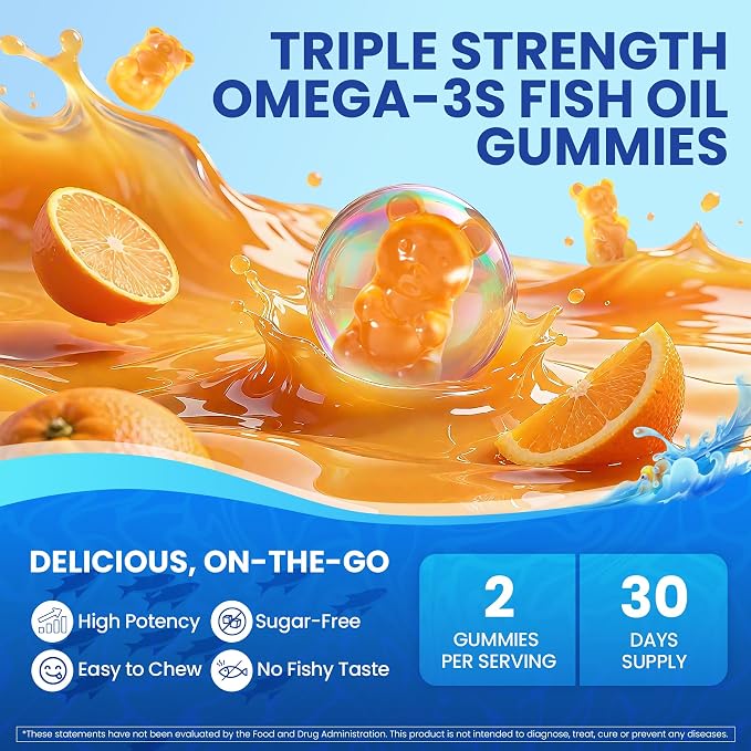 Fish Oil Omega 3 Gummies 1500mg for Adults - Triple Strength with EPA & DHA, COQ10, Red Yeast Rice - Wild Caught Omega 3 Fatty Acids Supplements for Hḙar-t & Brain - Sugar Free, Burpless, 120 Count