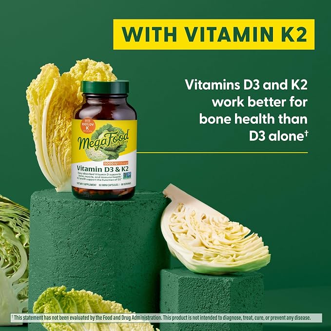 MegaFood Vitamin D3 5000 IU (125 mcg) - Vegetarian Supplements with Vitamin D3 K2 - Supports Bones, Teeth, Muscles & Immune Health - Certified Non-GMO - 60 Mini Capsules, 60 Servings (Pack of 2)