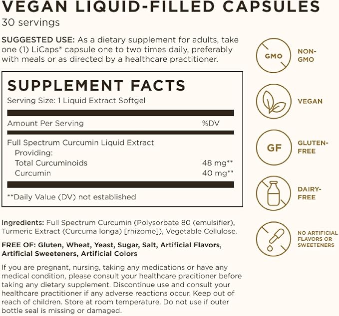 Solgar Full Spectrum Curcumin - 30 LiCaps - Superior Absorption - Brain, Joint & Immune Health - Non-GMO, Vegan, Gluten Free, Dairy Free - 30 Servings