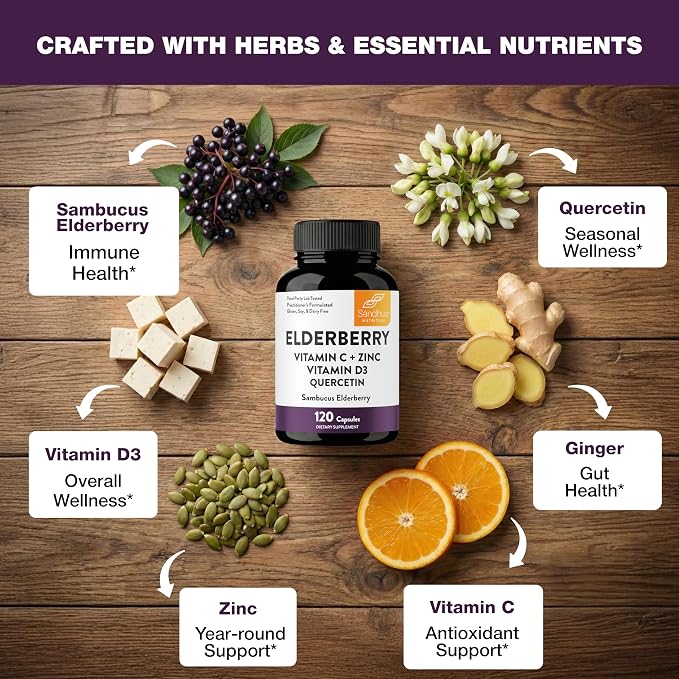 Elderberry Vitamin C and Zinc Capsules with D3 and Quercetin | 6-in-1 Immune Support Supplement Pills for Adults | 120 Count Sambucus Black Elderberry Natural Immunity Vitamins | Made in USA