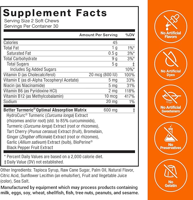 FORCE FACTOR Better Turmeric Supplement 400mg with Black Pepper & Ginger, Extra Strength Joint Support, Superior Absorption, Like Turmeric Gummies, Fruit Splash, 60 Turmeric Chews
