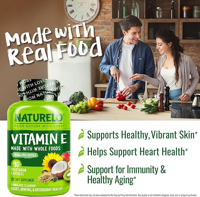 NATURELO Vitamin E Capsules 180 mg - 90 Vegan Capsules | Supports Skin, Hair, and Nails | Immune and Eye Health | Natural Mixed Tocopherols & Whole Foods | Non-GMO, Dry Vitamin E
