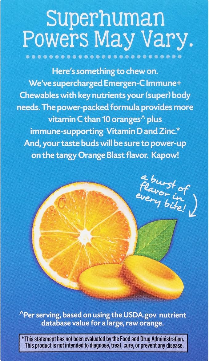 Emergen-C Immune+ Chewables 1000mg Vitamin C with Vitamin D Tablet, Immune Support Dietary Supplement for Immunity, Orange Blast Flavor - 42 Count