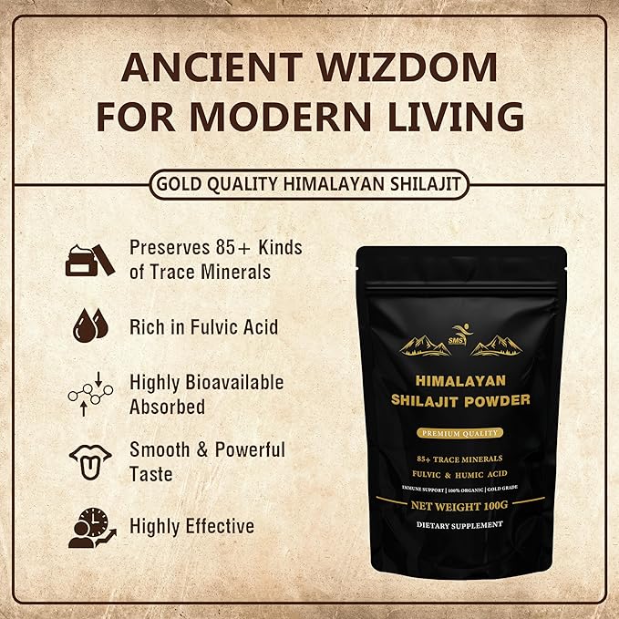 Shilajit Pure Himalayan Shilajit Powder - Gold Grade 100% Pure Shilajit with Fulvic Acid & 85+ Trace Minerals Complex for Energy & Immune Support - 100g