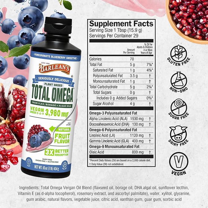 Barlean's Vegan Omega 3 6 9 Flaxseed, Borage and Algae Oil Liquid Supplement, Pomegranate Blueberry, 3,980 mg GLA, EPA and DHA Fatty Acid, Vegan, 16 oz