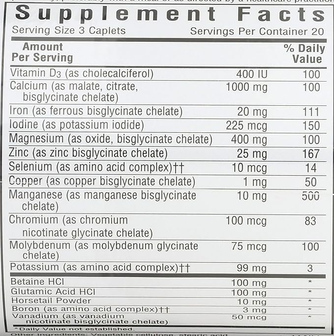 Bluebonnet Nutrition High Potency Chelated Multiminerals, Albion Chelated Minerals, Soy-Free, Gluten-Free, Non-GMO, Kosher Certified, Dairy-Free, 60 Caplets, 20 Servings